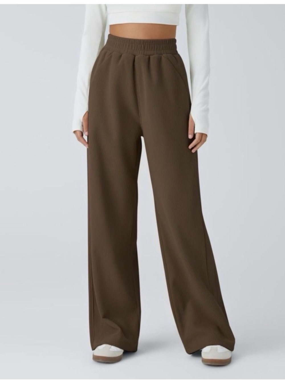 HALARA Wide-Leg Ribbed Lounge Pants in Dark Brown and Cream. Two pants!